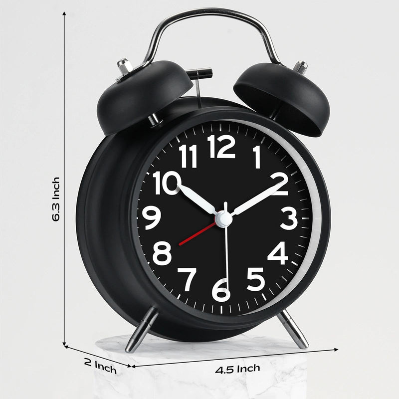 AKCISOT Loud Alarm Clock for Heavy Deep Sleepers, 4.5 Inches Analog Metal Twin Bell Clocks Battery Operated with Backlight for Bedroom Bseide, Old Fashioned for Desk Home Decoration (Black) B_black 4.5 Inch