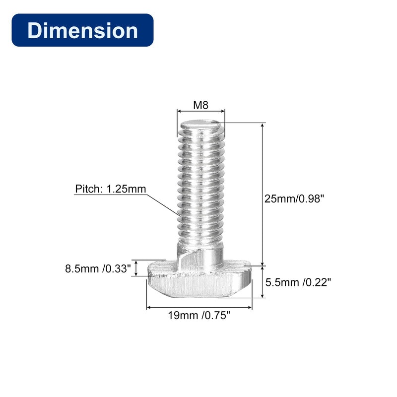 uxcell 10Pcs T-Slot Bolts, M8 x 25mm Hammer Head Bolt T Screw Drop-in Stud for 4545 Series T-Slot Aluminum Extrusion Profile, 304 Stainless Steel, Silver M8x25mm 10