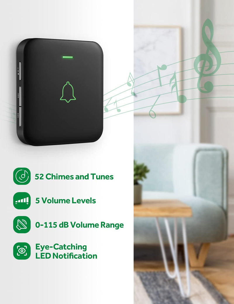 AVANTEK Wireless Door Bell, BA-11 Waterproof Battery Operated Doorbell Chime Operating at 1000 Feet, Portable Door Chime kit with 52 Melodies, 5 Volume Levels, and CD Quality Sound Black