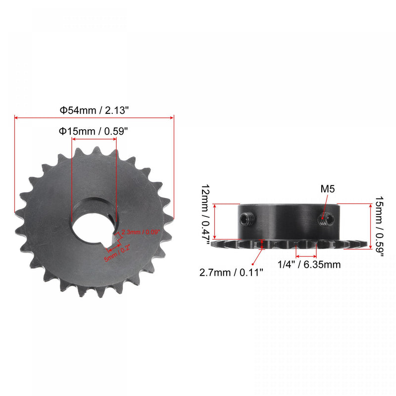 uxcell 25 Tooth Roller Sprocket B Type, #25 Chain, Single Strand 1/4" Pitch, 15mm Bore Black Oxide C45 Carbon Steel, Keyway with Set Screws for ISO 04C