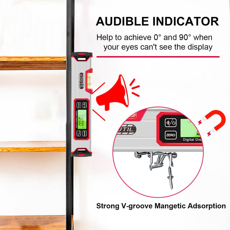 Digital Level and Protractor, 12 Inch IP54 Protected Electronic Bubble Inclinometer Angle Finder with Large LED Backlight and Magnetized V-Groove Base（Red） Red
