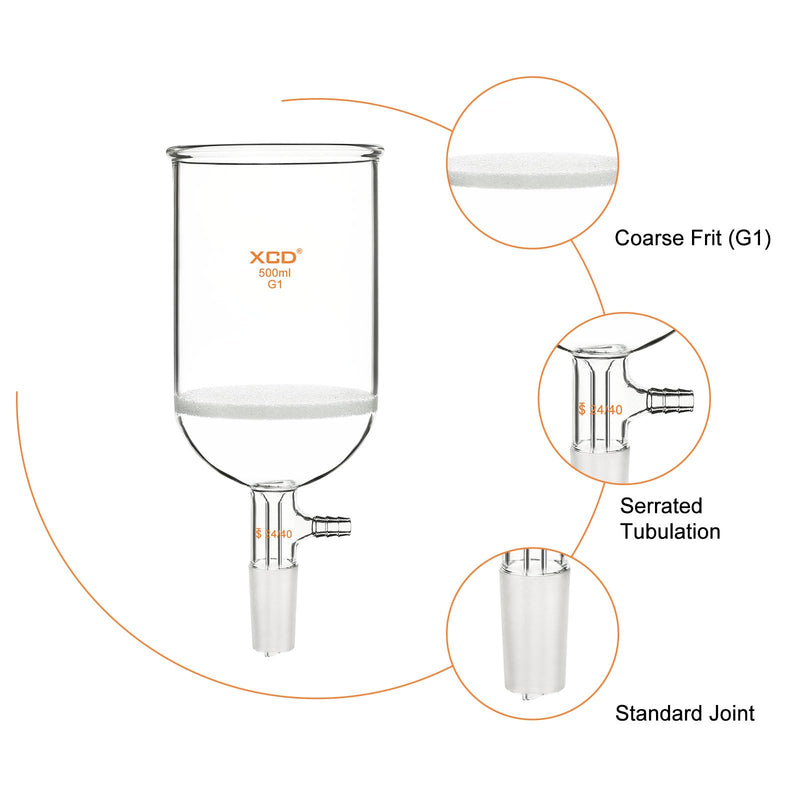 XCD Buchner Funnel with Coarse Frit (G1), 500 ml Borosilicate Glass Buchner Filtering Funnel 24/40 Joint with Vacuum Serrated Tubulation, 94mm ID, 100mm Depth