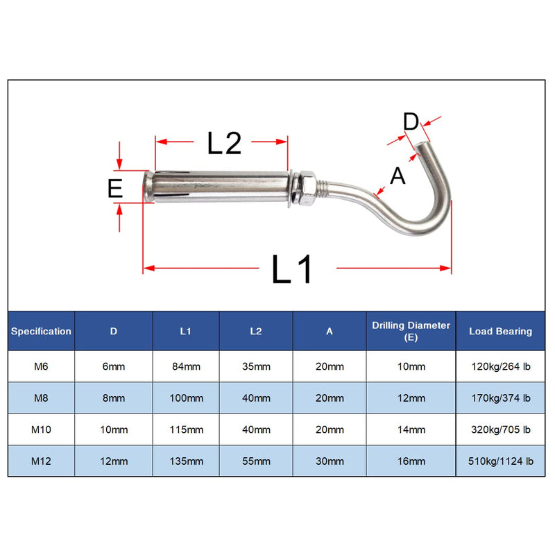 Expansion Hook Anchor Bolt 10 Pack M6 304 Stainless Steel Concrete Wall Hook Heavy Duty Open Cup Hook Expansion Bolts for Concrete Wall