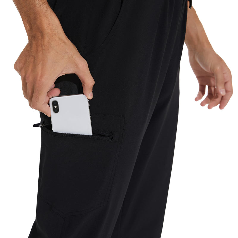 COZYFIT Men Scrubs Set — Stretch V-Neck Scrub Top & Jogger Pant with 8 Pockets, Yoga Waistband, Anti-Wrinkle Scrubs for Men Black Large