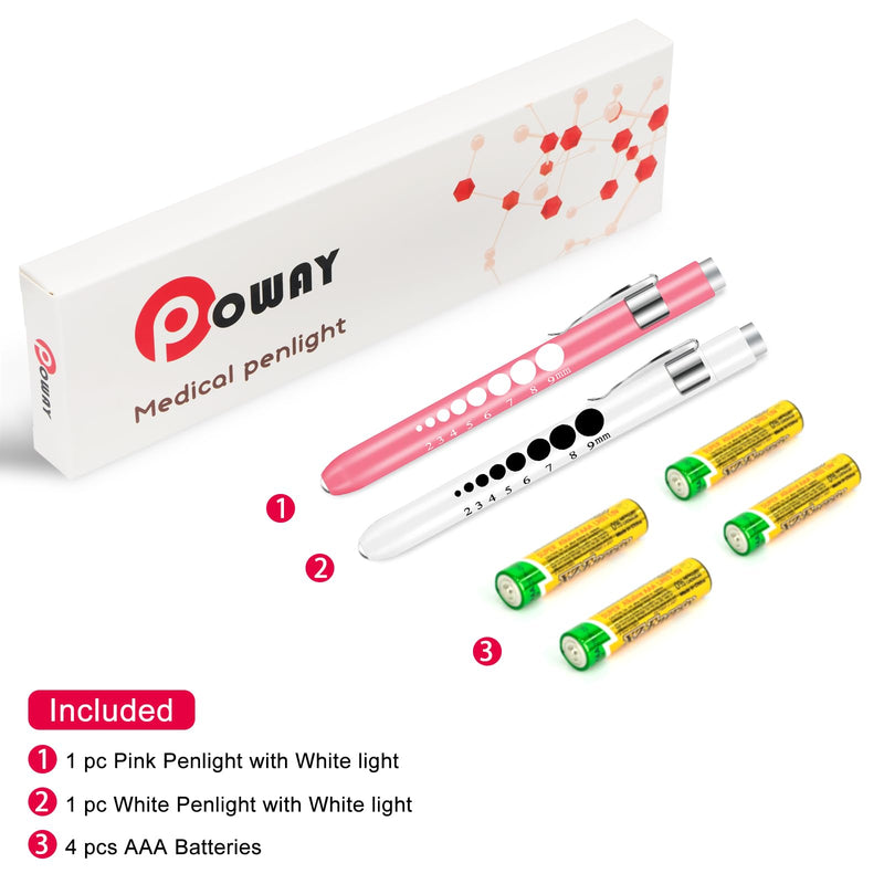 Pen Light with Pupil Gauge Nursing Pen Lights for Nurses 2 Pack Reusable Pupil Penlight Medical for Nursing Students Doctors EMTs White Light LED Penlights for Nurses with 4 Batteries Pink and White