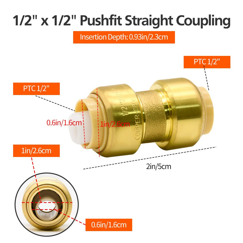 2/6/12 Pack Push-to-Connect Plumbing Fittings, Pushfit Straight/Elbow/Tee Fittings with Disconnect Clip for Copper, PEX, CPVC Pipe (1/2" Straight, 12) 12pcs 1/2" Straight