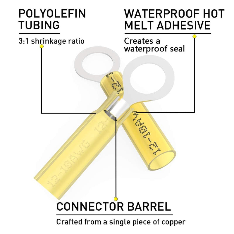 100PCS Heat Shrink Crimp Ring Connectors 5/16" Yellow 12-10 AWG - Sopoby Heat Shrink Connectors - Electrical Connectors - Automotive Marine Ring Connectors 100 Ring Connectors 5/16"