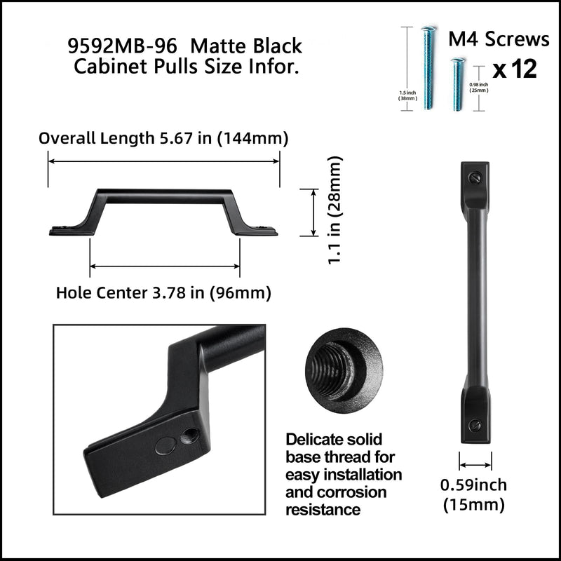 Goo-Ki 6 Pack 3.78"(96mm) c-c Matte Black Kitchen Drawer Pulls -Modern Black Cabinet Pull Dresser Handle Hardware for Bar Cupboard Closet Wardrobe, 9592B-96 3.78"(96mm) Center-Center