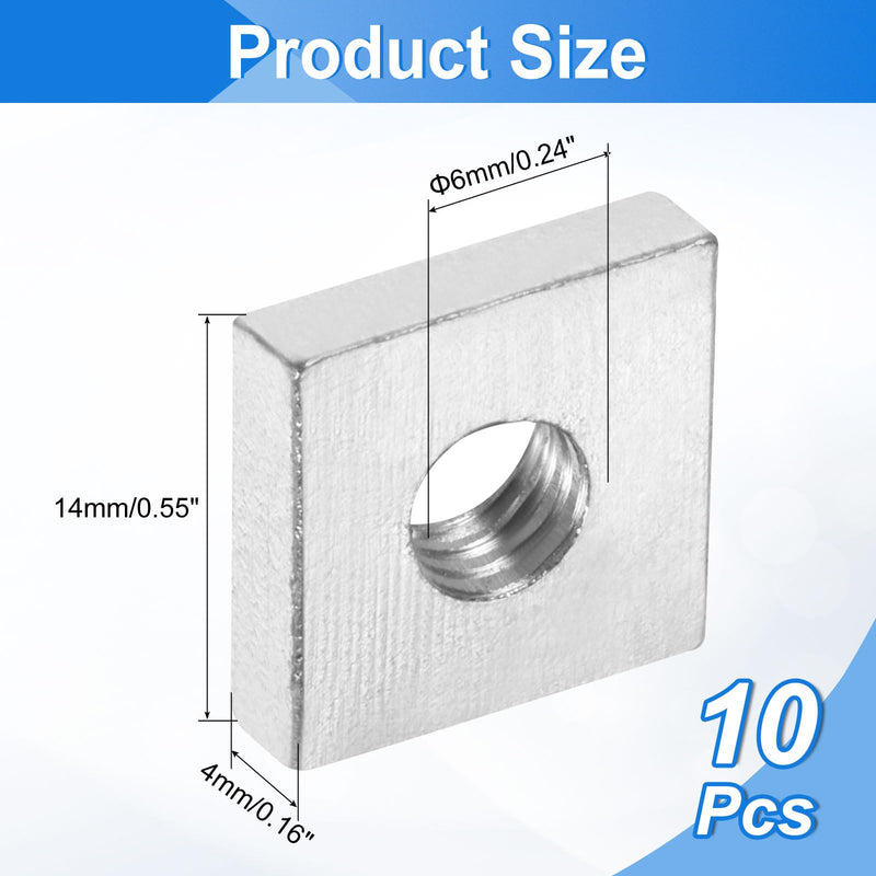 uxcell 10Pcs M6x14mmx4mm Square Nuts, Carbon Steel Zinc Plated Coarse Thread Square Nuts Fasteners for Home Repairs and Professional Engineering, Silver 10