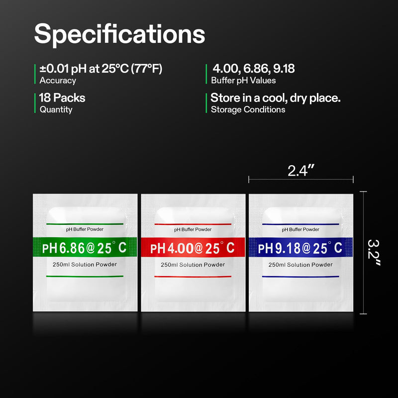 VIVOSUN 18-Pack pH Meter Buffer Solution Powder, pH 6.86/4.00/9.18, pH Buffer Powder for Precise and Easy pH Tester Calibration