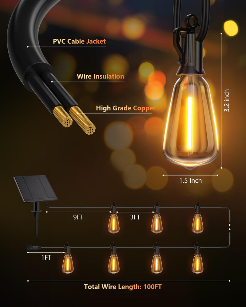 Brightown 100FT Solar String Lights Outdoor Waterproof with Remote, 31+1 LED Shatterproof Bulbs, Dimmable & Timable, 3 Light Modes - Commercial Grade Patio Lights for Garden Backyard Party Decor
