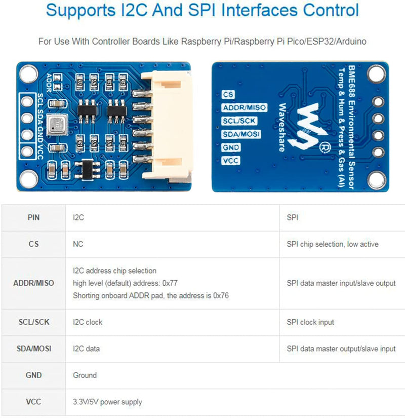BME688 Environmental Sensor with AI Function, Supports Temperature/Humidity/Barometric Pressure/Gas Detection, I2C and SPI, Support Raspberry Pi/Raspberry Pi Pico/Arduino / ESP32,etc. BME688 with AI function