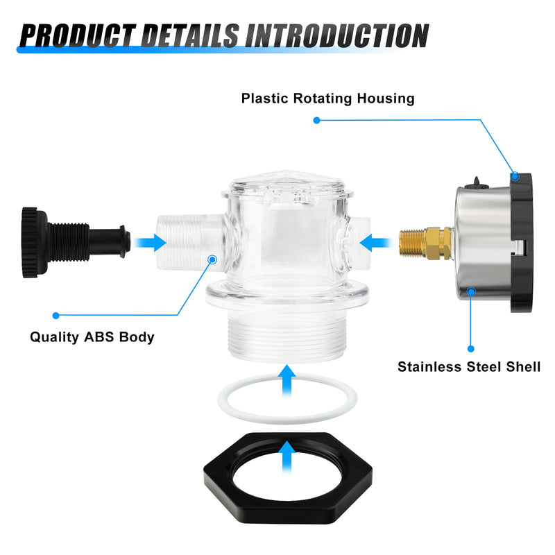 MEANLIN MEASURE 273564Z Manual Air Relief Valve Replacement for Pentair for Triton II, Triton C, TR100C and TR140C Pool Spa Sand Filters with 60Psi Steel Start and Clean Filter Pressure Gauge Back Mount