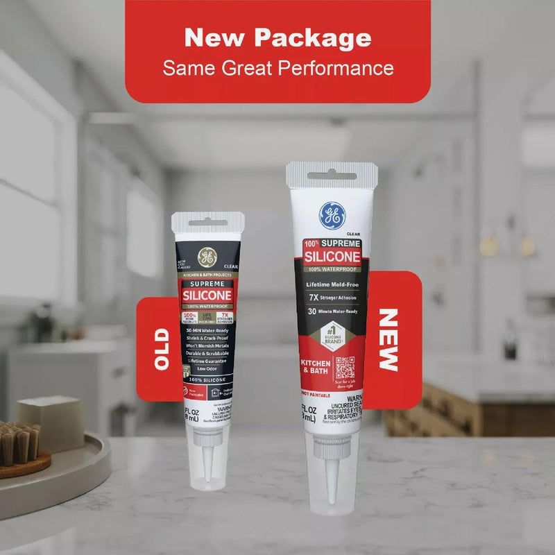 GE Supreme 100% Silicone 30 Min. Water-Ready caulk, 2.8 oz tube, White
