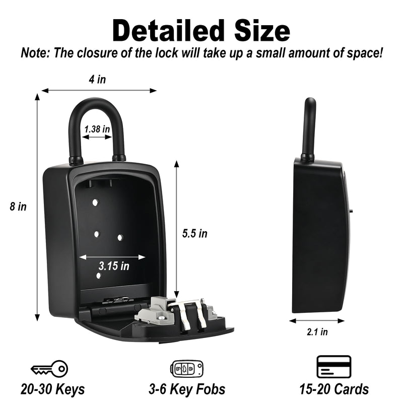 Lockwise XXL Large Key Lock Box, 5.5”x4.1”x2.1” Waterproof Kirsite Combination Lockbox for Keys Outdoor, Portable Key Lock Box Wall Mount with Code (1 Pack, Black)