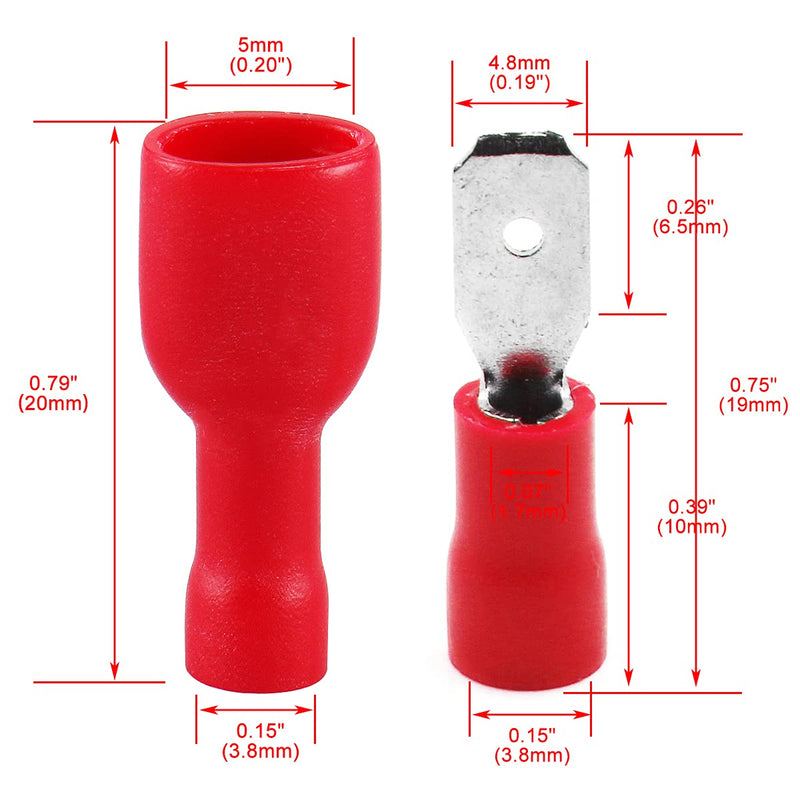 Baomain 3/16" Red Female/Male Insulated Spade Wire Connector Electrical Crimp Terminal 22-16 AWG 0.187" 4.8 x 0.5mm Pack of 100