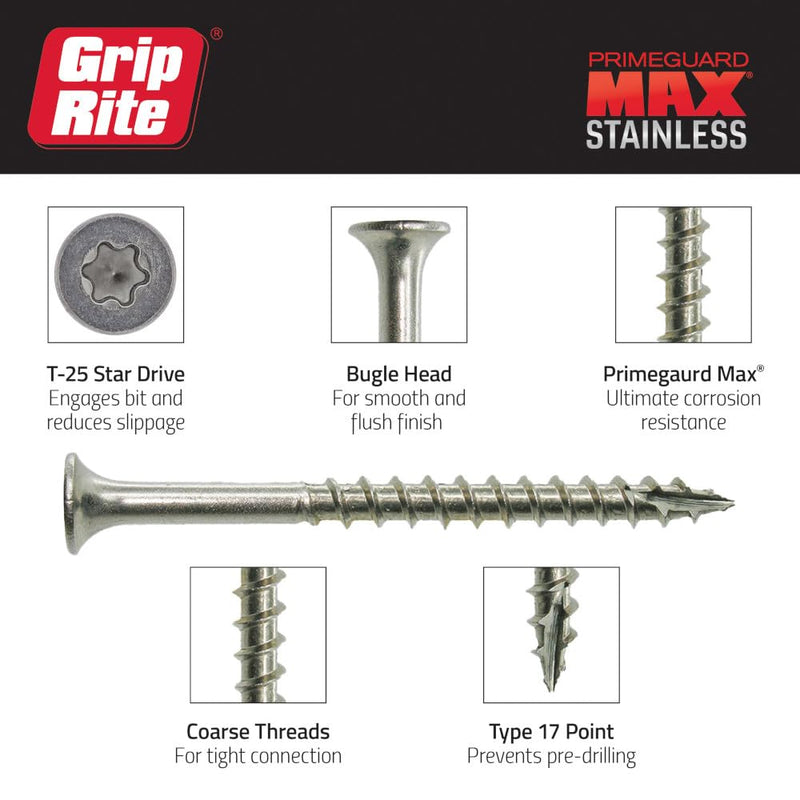 Grip-Rite PrimeGuard Max Deck Screws for Outdoor Projects - Bugle Head - Coarse Thread Wood Screws - T25 Star Drive - 316 Stainless Steel - #10 x 3-5 Lb Box - MAXS310DS3165 #10 x 3" 1lb Box