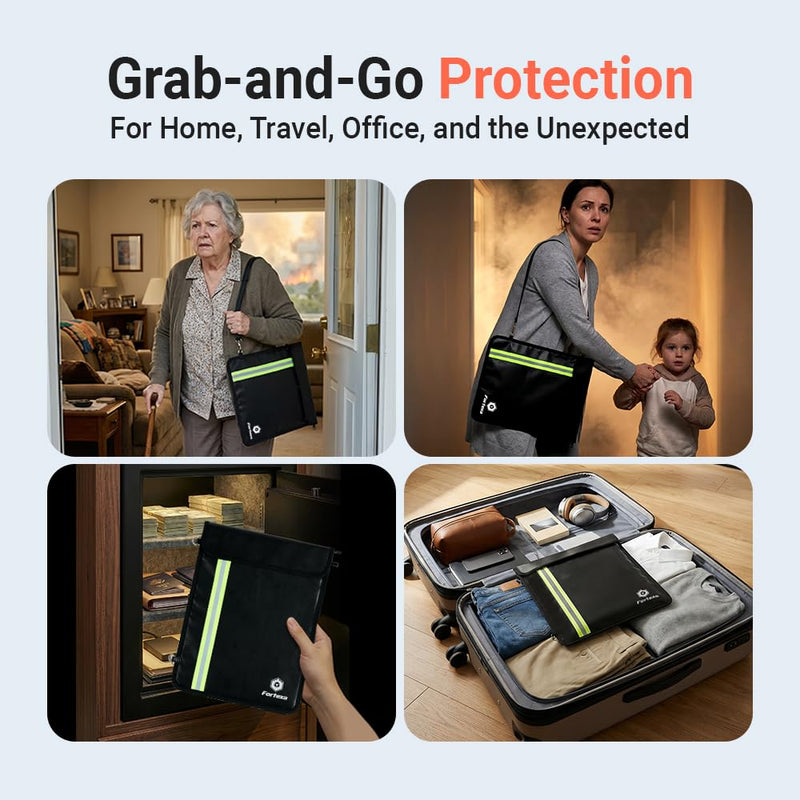 6200°F Fireproof Document Bag (15.75″ × 11.81″) with Adjustable Strap – 12-Layer Important Document Organizer with 2 Pockets for Passport, Cash & Legal Documents – Portable Fireproof Safe Bag