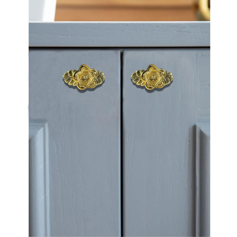 Perilla Home Set of 6 Metal Flower with Leaf Knobs – Antique Gold Iron Metal Knobs for Cabinets, Drawers, and Furniture