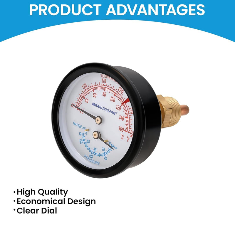 MEASUREMAN Commercial Tridicator Boiler Gauge Kit, 2.5" Dial, 0-75 PSI (ft H₂O) & 70-320°F, 1/4" NPT Back Mount with 1/2" NPT Adapter and O-Ring（2.95'' Stem） 0-75 PSI 70-320°F 2.95'' Stem,with 1/2" NPT Adapter