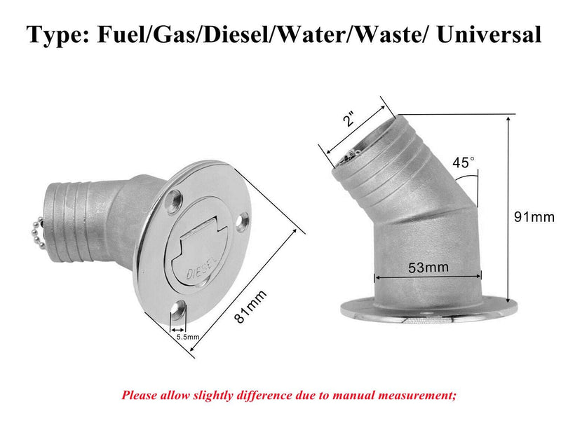 45 Degree Angle Marine Deck Filler Fill ，Stainless steel 316 Keyless Cap boat Hardware accessories Socket yacht W/ Rubber Gasket Fit for 1.5" /2” Diameter hose (Option: Water, 2" /50mm) Option: Water
