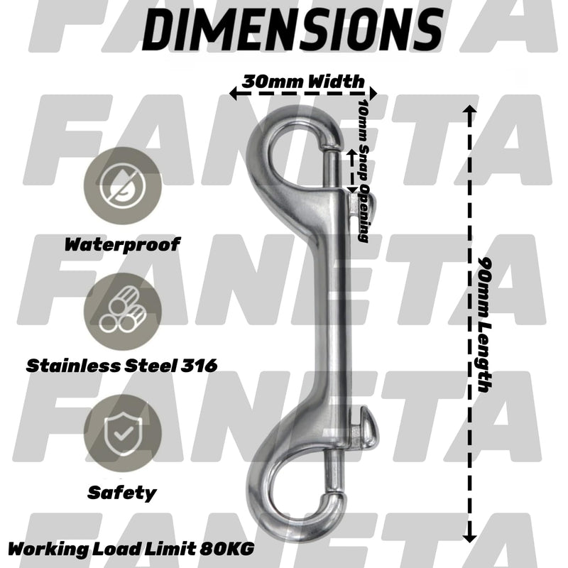 Double Ended Bolt Snap Hooks - Double Sided Trigger Snaps - Marine Scuba Diving Clips - Heavy Duty Stainless Steel 316 - for Dog Leash, Key Chain, Horse Tack, Feed Bucket - Set of 4 90mm