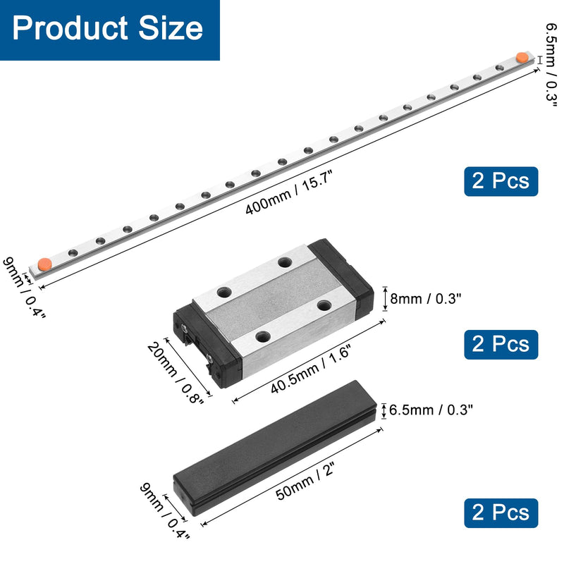 uxcell 2pcs MGN9 400mm Linear Guide Rail with 2pcs MGN9H Sliding Carriage Block Bearing Steel and 2pcs Plastic Mini MGN12 Linear Guide for DIY 3D Printers and CNC Machine, Silver