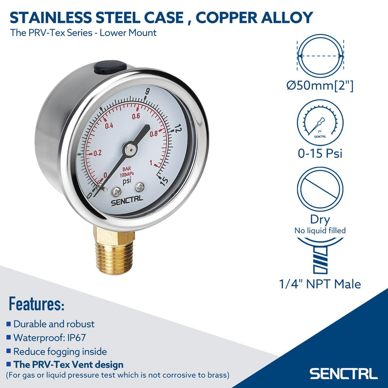 0-15 Psi Low Pressure Gauge, 2" Dial Size, 1/4 Npt Lower Mount, Waterproof, Stainless Steel Case, for Water Air ATV Tire Gas Pressure Test 0-15Psi
