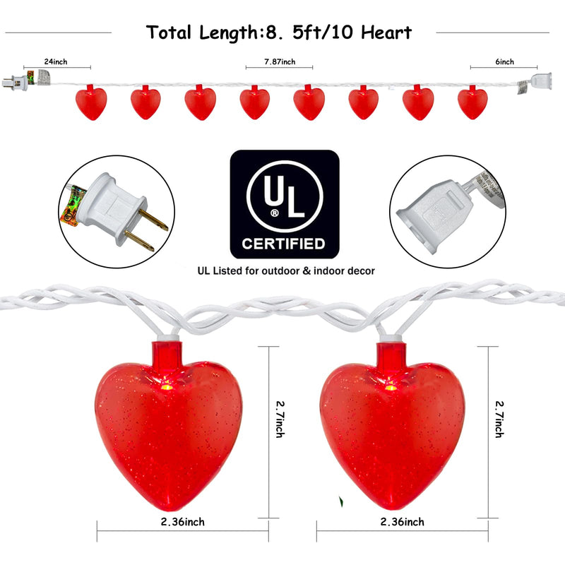 Red Heart String Lights, 8.5Ft Outdoor Valentine's Day Decorations Lights with 10 Red Glitter Heart Lights, Hanging Valentines Heart Fairy Lights for Window Wedding Birthday Anniversary Party Holiday Glitter Red Heart