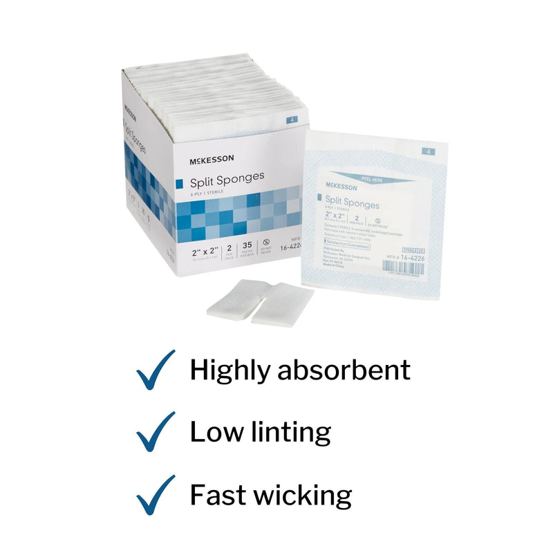 McKesson Split Sponges, Sterile, 100% Cotton, I.V. Drain Split Dressing, 2 in x 2 in, 2 per Pack, 35 Packs, 70 Total - NewNest Australia