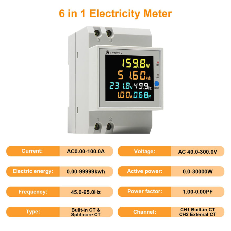KETOTEK Power Meter Single Phase, 2 Channels, Energy Meter DIN Rail Electricity Usage Monitor with LCD, kWh Meter AC40-300V 100A, Ammeter Voltmeter with Split Core Current Transformer CT 2 Channels, Split Core CT