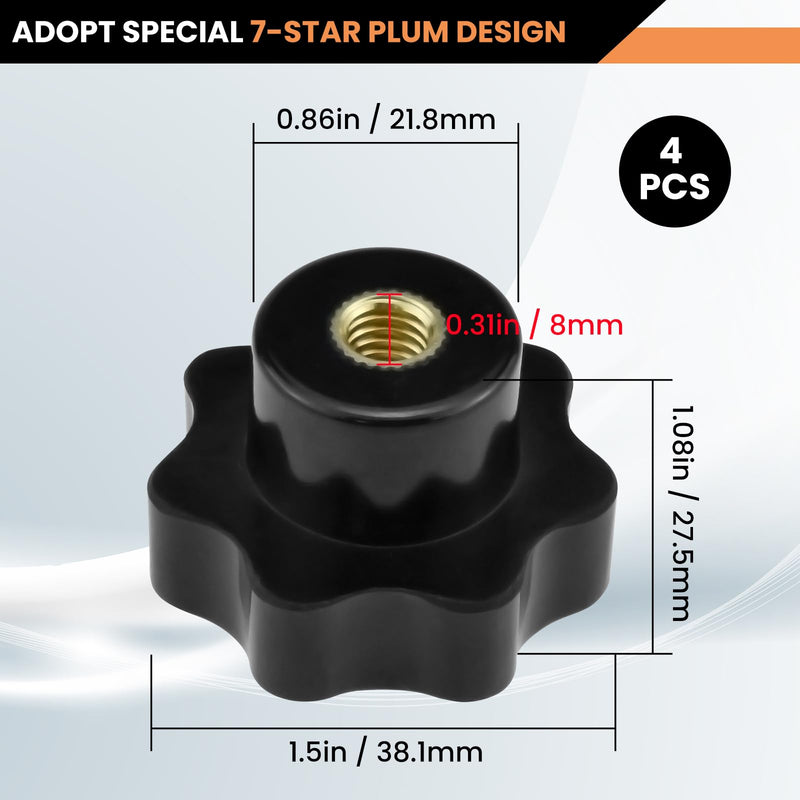 Aifeier ET 4 Pcs M8 Knurled Thread Clamping Knob, Plum 7 Star Knob Shaped Hand Grips Screw-On Type Thru Threaded Knob Nuts