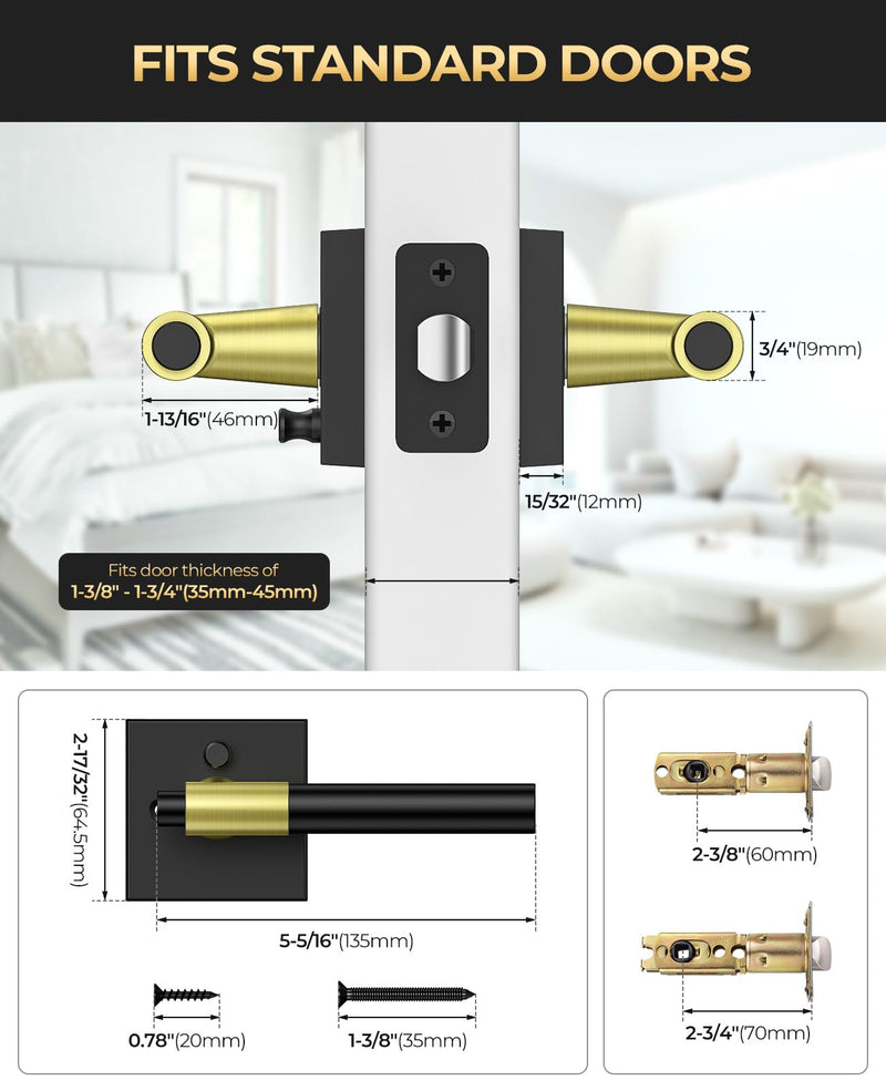 Black and Gold Door Handles Interior with Lock, Zinc Alloy Modern Privacy Lever Door Knobs Interior for Bedroom & Bathroom, Reversible for Left or Right-Handed, 1 Pack