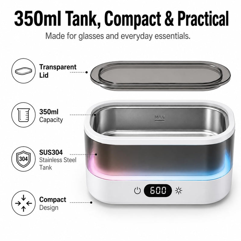 Ultrasonic Cleaner for Jewelry, Glasses & Retainers, 48kHz Sonic Cleaning Machine with 7-Color LED Ambient Light, Digital Timer, Quiet Deep Cleaner for Rings, Dentures & Watches（White） White