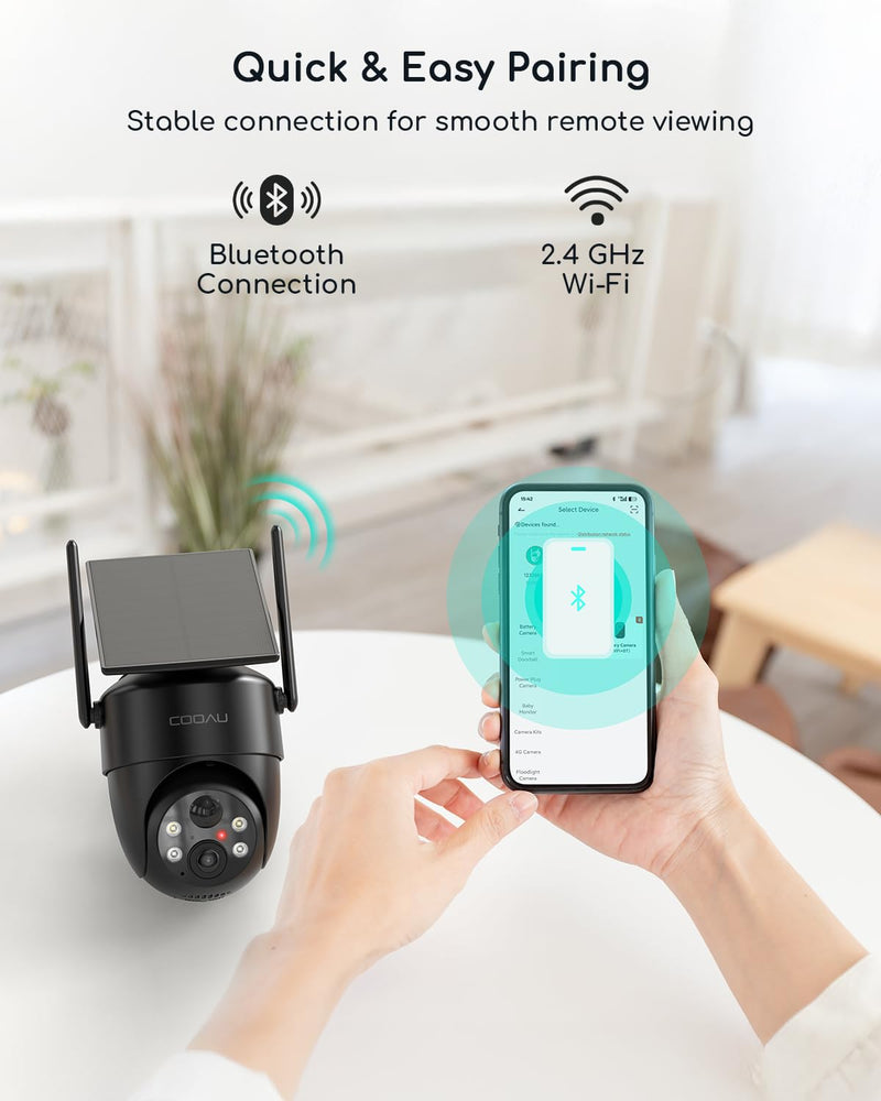 COOAU Solar Security Cameras Wireless Outdoor – Low-Light Rechargeable, Easy to Install, 2K 360° Camera for Home Security, Surveillance Cam with AI Smart Detection, Color Night Vision, IP66, Alexa Black - 1 Pack