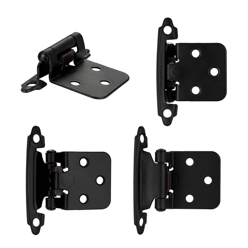 4 Pack (2 Pair) Matte Black Self Closing Cabinet Hinges for Flush Mount Kitchen Cabinet Door, 1/2" Overlay (Variable) Face Frame Semi Concealed Kitchen Cabinet Hinges