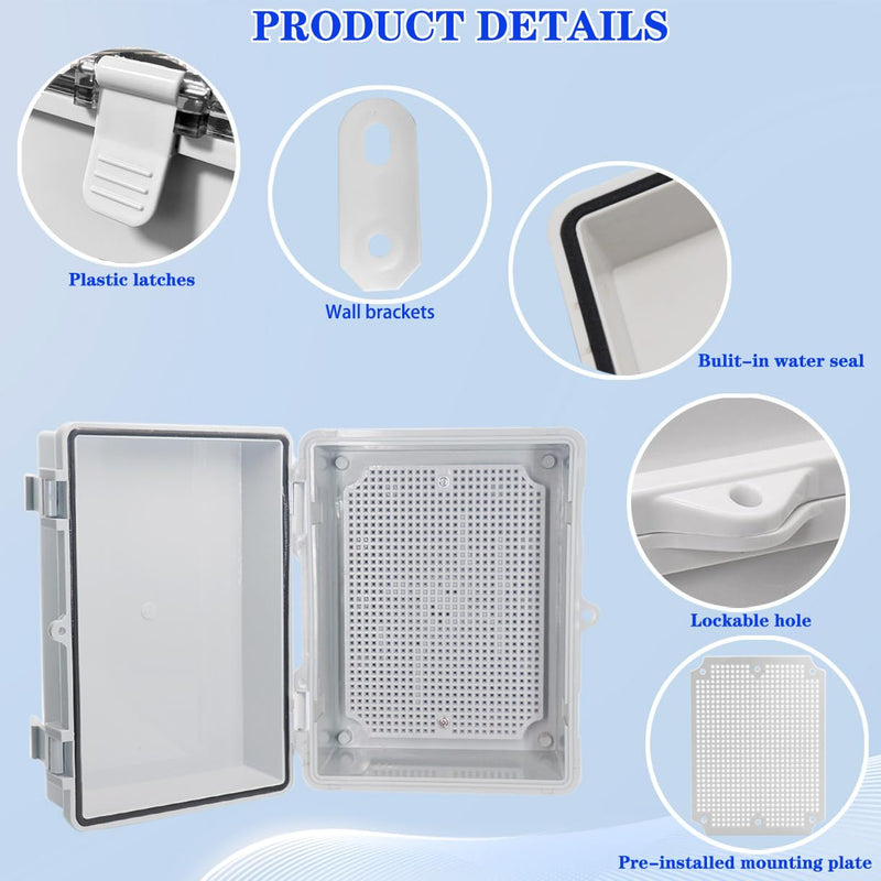 Waterproof Outdoor Electrical Box Junction Box Weatherproof IP67 ABS Plastic Enclosure Switch Router Project Box with Mounting Plate with Wall Bracket 2 Cable Glands Grey 8.7"x6.7"x4.3" 8.7" x 6.7" x 4.3"