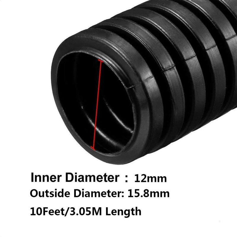 YXQ 10Ft 1/2inch ID Corrugated Tubing Not-Split Flexible Bellows Tube Pipe Preservative for Electric Conduit Liquid Black PE Plastic 3.05M Length 12mm ID.