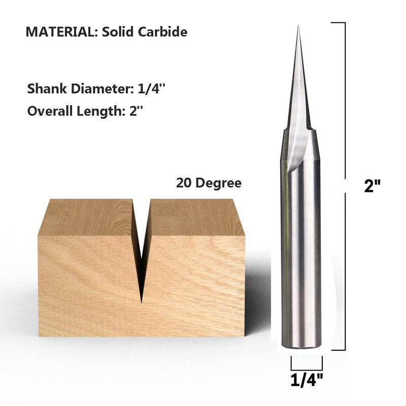 2 Pcs Carbide V-Point Router Bit Wood Engraving Bit “V” 20 Deg v bit deep engrave with 1/4 Shank and 2” Overall Length 2D&3D Carving DK22