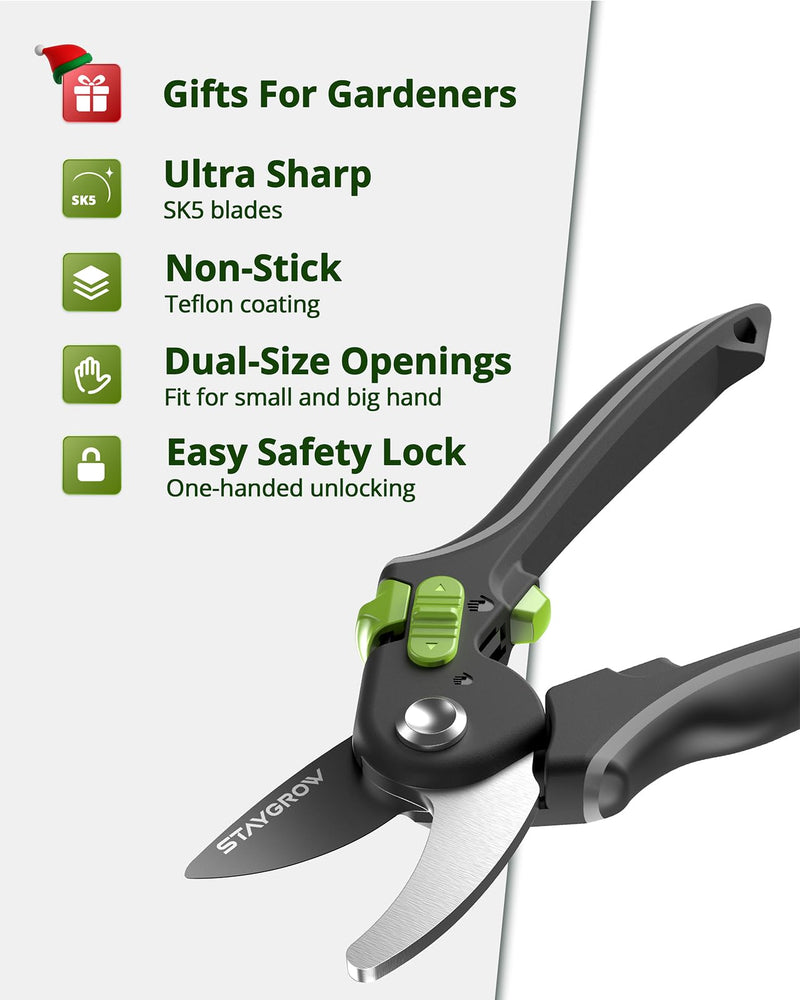 Pruning Shears for Gardening - 8.5" SK5 Garden Shears Cuts 10000+ Times Staying Sharp - Garden Scissors with One-handed Unlocking & Adjustable Handle- Garden Clippers Gardening Tools for Men Women 8.5" Bypass