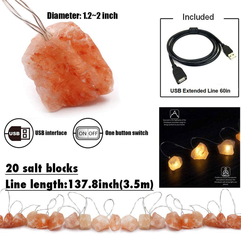 MINGRI Himalayan Salt lamp Salt Rock Night Light USB Fairy Hanging String Lights for Bedroom,Crystal Stones Natural Pink Salt Lamp for Meditation,Yoga,Office, Bedside,Desk,Computer, Baby,Child 20 Lights