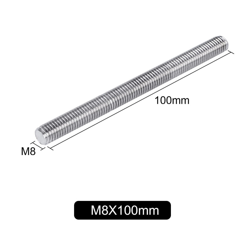 Pack of 10 M8 x 100mm Length 304 Stainless Steel Fully Threaded Rod Bar Studs Silver Tone