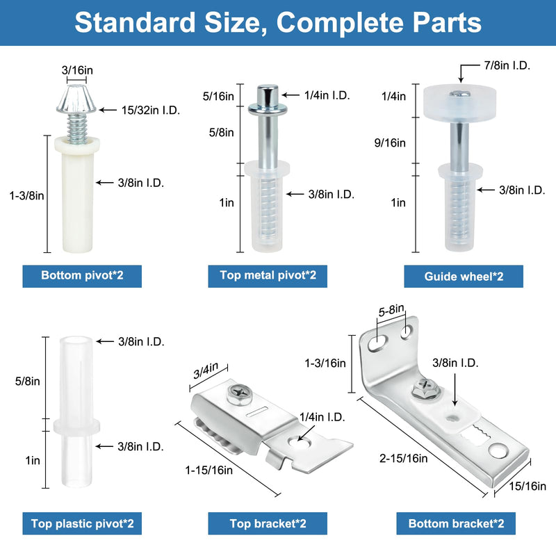 Bifold Door Hardware Repair Kit - 2 Pack with Parts for Bifold, Sliding, Closet, Pocket, Barn Doors Top & Bottom Brackets, 3/8" Pivot, 7/8" - 1" Guide Wheels Fits Common Track
