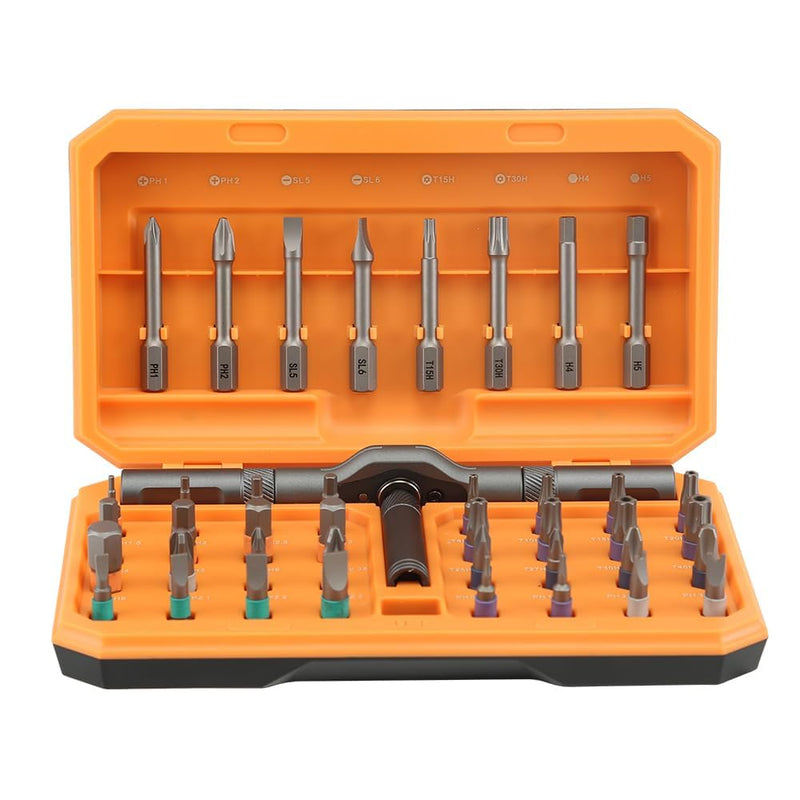 Screwdriver kit 42 in 1 aluminum alloy material, ratchet magnetic, DIY combination flexible shaft, suitable for furniture assembly, electrical repair, bicycle tools, Orange Ratchet screwdriver kit