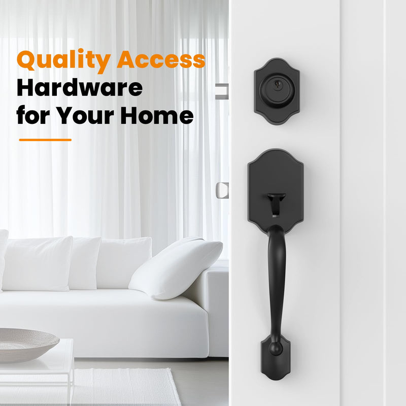 HOSOM Matte Black Front Door Handle with Deadbolt, Door Handle Exterior, Door Lock Set, Door Lever with Single Cylinder Deadbolt Reversible for Right and Left Handed