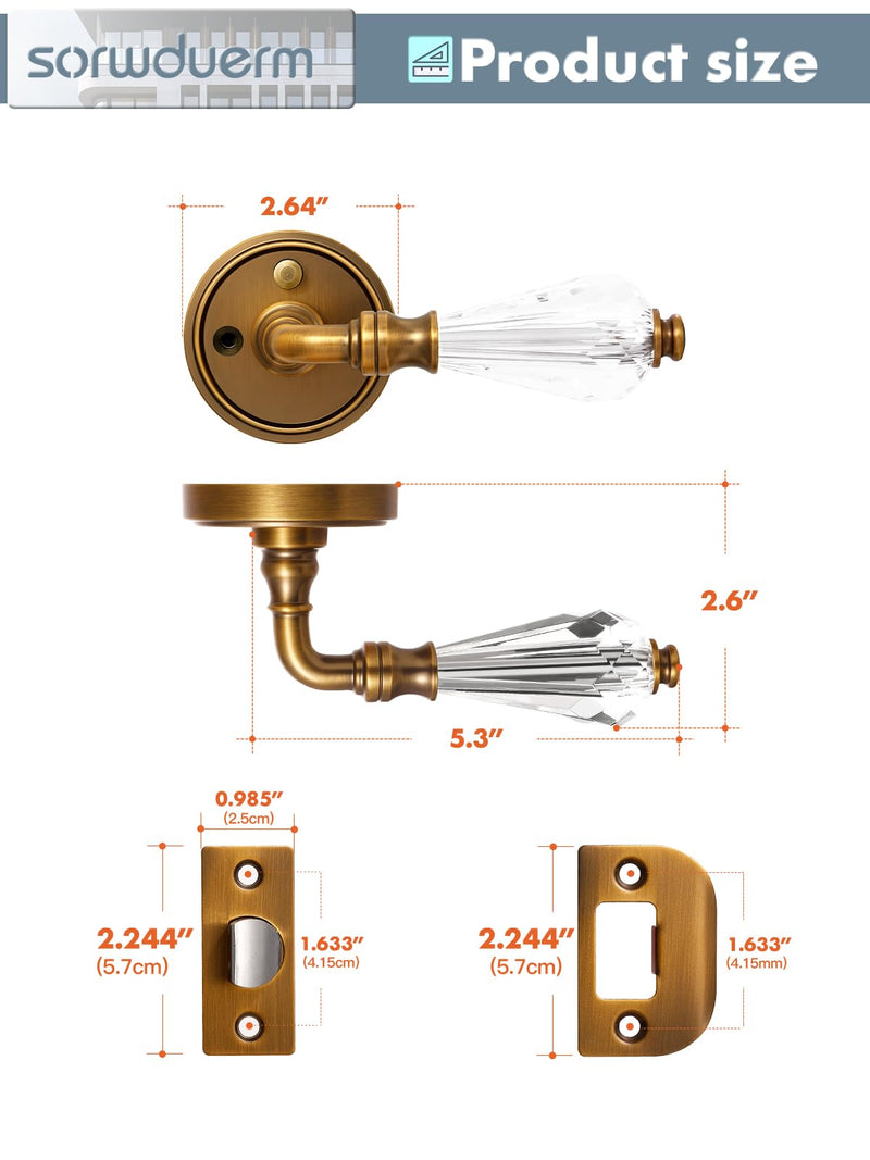 1 Pack Antique Brass Glass Door Lever Privacy Crystal Door Levers Door Lever Interior Door Handle for Bedroom and Bathroom,Zinc Alloy 1