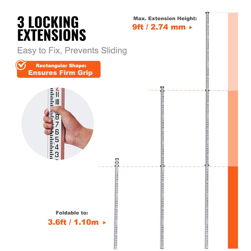 VEVOR Aluminum Grade Rod, 9-Feet/8ths 3 Sections Telescopic Measuring Rod, Double-Sided Scale 1/8in Leveling Rod Stick,Aluminum Alloy Survey Rod with Bubble Level &Carrying Bag for Houses,Walls,Floors 9 FT-8ths