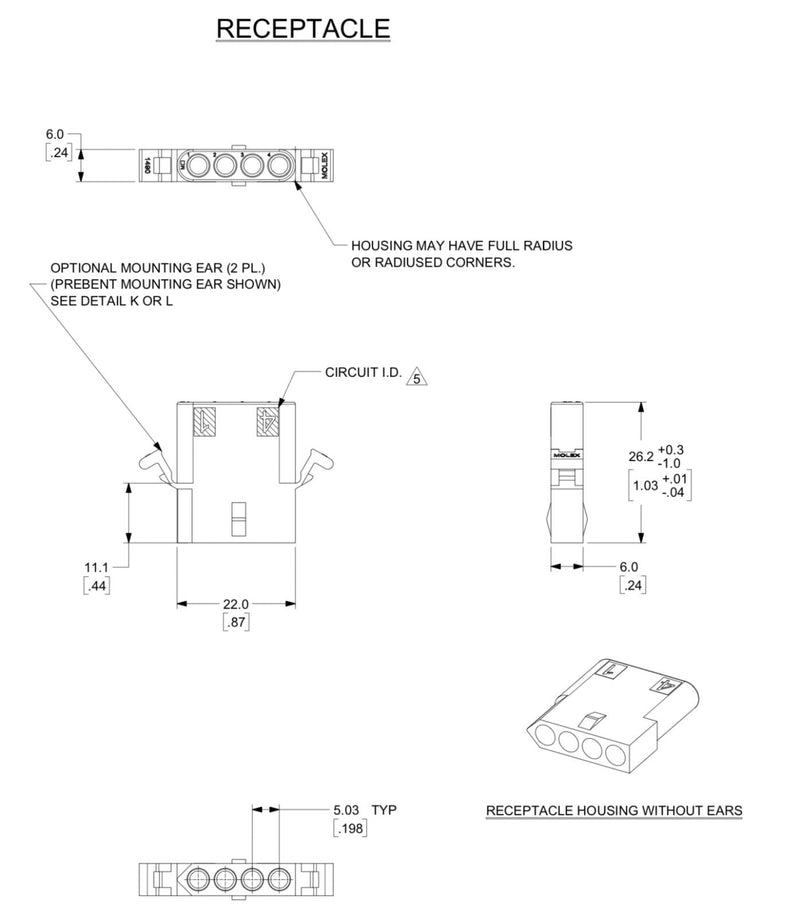 Molex 4-Circuits Connector, w/14-20 AWG .093" Pins Panel Mount (Pack of 3 Set)