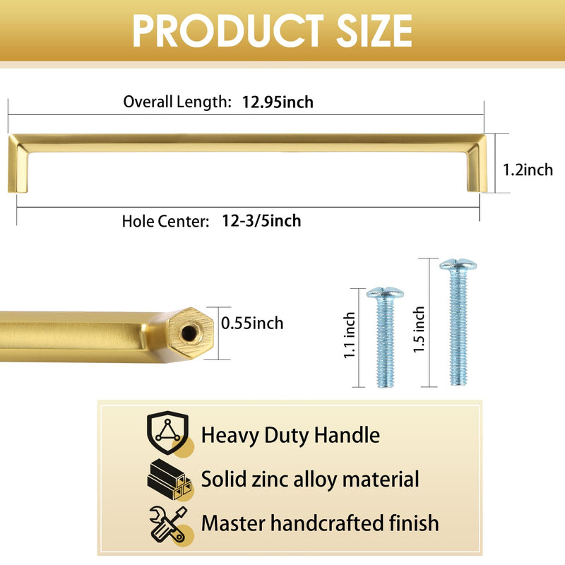 Brushed Gold Zinc Alloy Solid Cabinet Pulls 12-3/5 Inch(320mm) Hole Center,Dresser Cabinet Handles Luxury Cabinet Pull Hardware for Bedroom, Kitchen 6 Pack 2401 12-3/5 In Hole Centers Brushed Gold