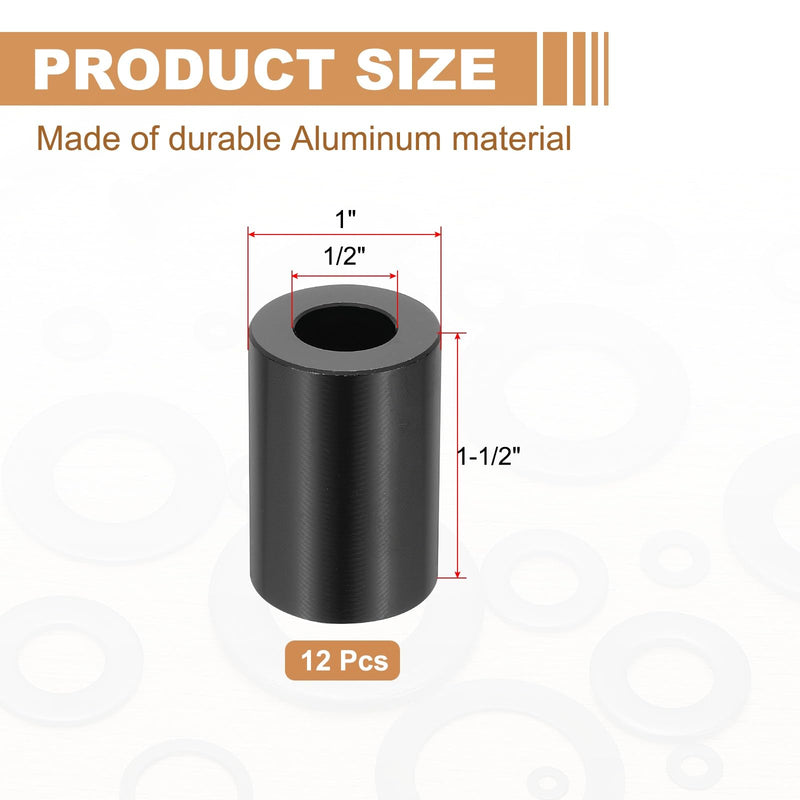 PATIKIL 12PCS Aluminum Spacers, 1/2 x 1 Metal Spacers Aluminum 1-1/2 L Spacer Screw Standoff Round Unthreaded Standoff Bushing for 5/16inch Screw Bolts, Black